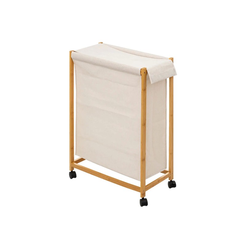 Cesto ropa sucia con ruedas bambú y tela beige 550x280x800 mm