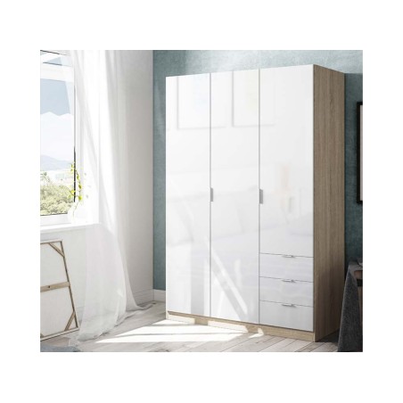 Armario Ropero 3 Puertas + 3 Cajones Roble Blanco