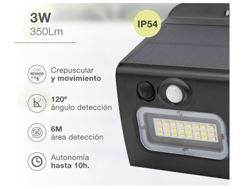 Aplic Solar Led Egoda Amb Sensor Negre