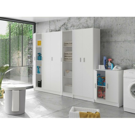 Mueble multiusos encima de la lavadora con dos estantes y dos puertas  blancas