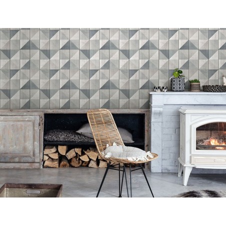 Papel Pintado Geométrico Madera Gris